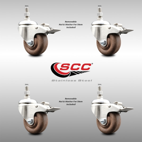 Service Caster 3.5 Inch 316SS High Temp Glass Filled Nylon 12mm Stem Caster Set Lock Brake SCC-SS316TSTTL20S3514-GFNSHT-M1215-4 - main